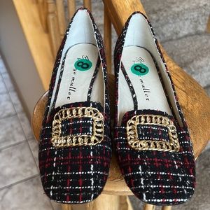 Bettye Muller red black white plaid with square gold buckle shoes size 8